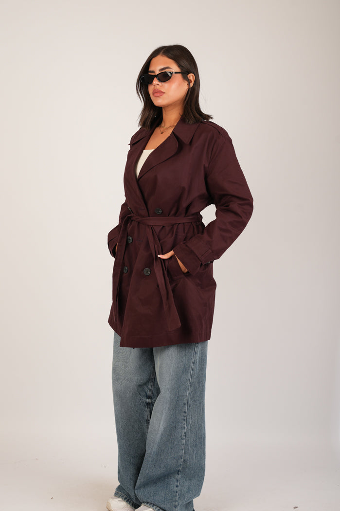 Burgundy Jaberdin Short Trench Coat
