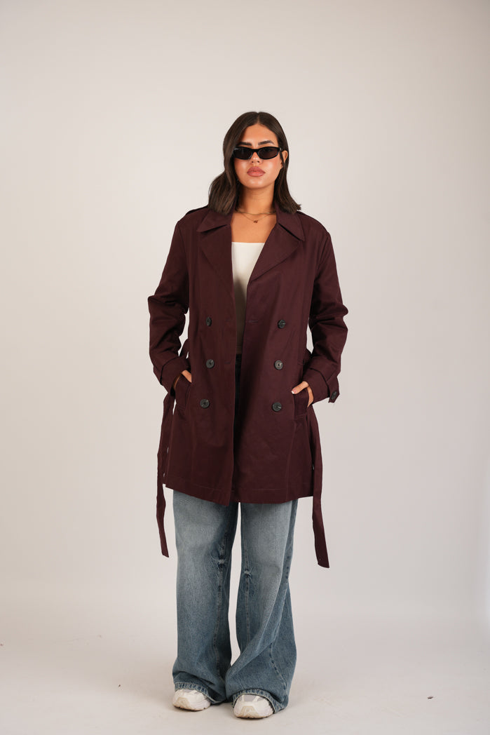 Burgundy Jaberdin Short Trench Coat