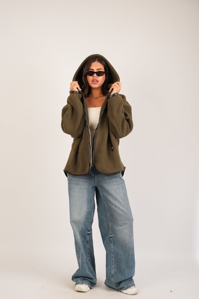 Khaki Fleece Open Sweatshirt