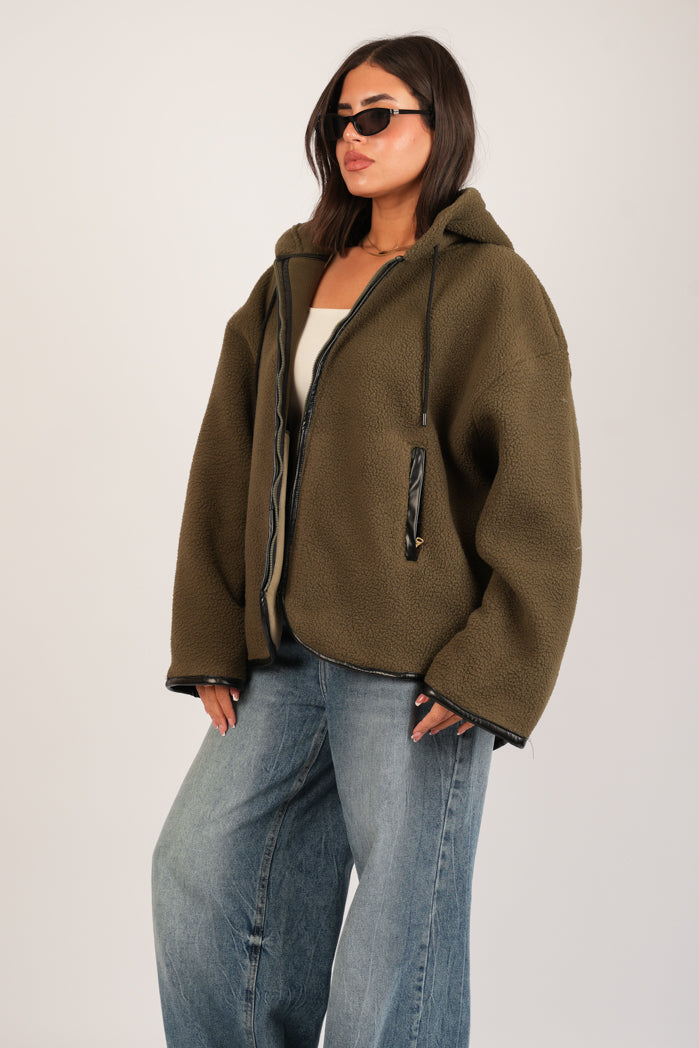 Khaki Fleece Open Sweatshirt