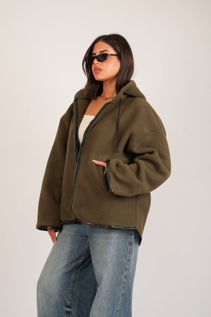 Khaki Fleece Open Sweatshirt