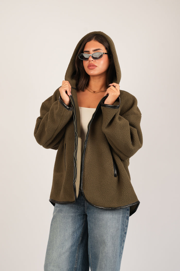 Khaki Fleece Open Sweatshirt