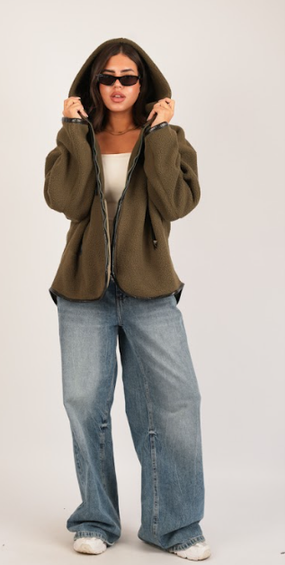 Khaki Fleece Open Sweatshirt